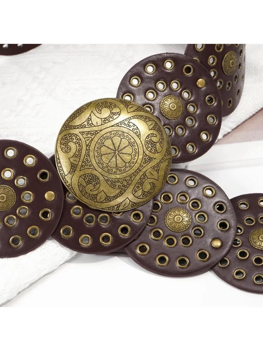 Vintage Boho Wide Disc Leather Belt for Women - Hollow Design, Stylish Accessory